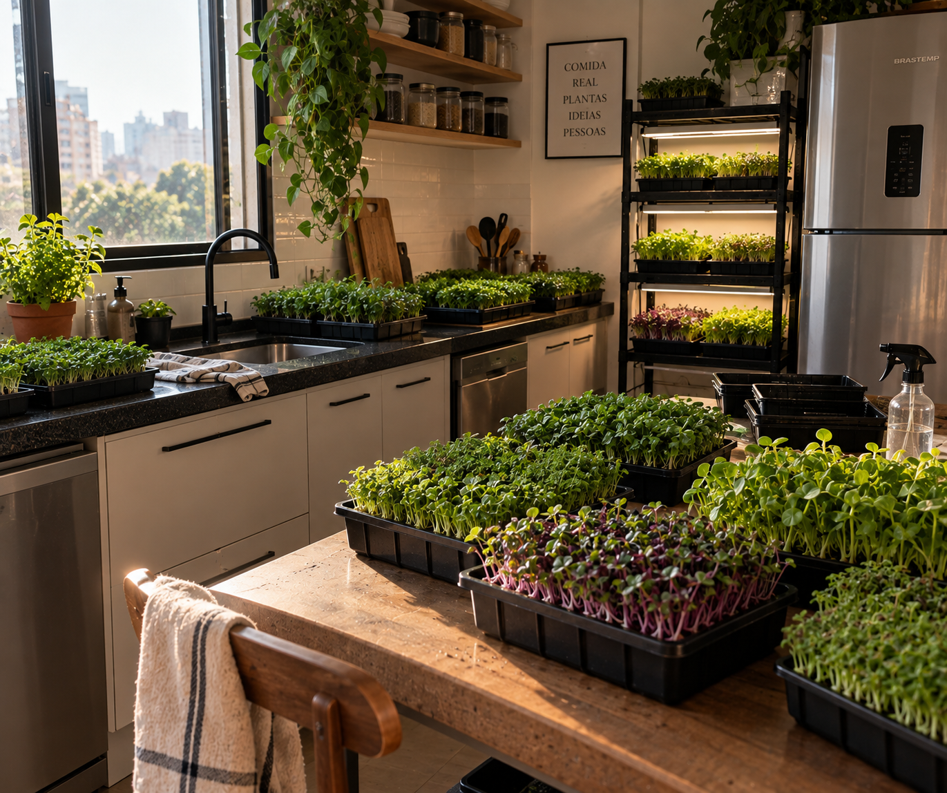 Cozinha com vários tabuleiros de microvegetais