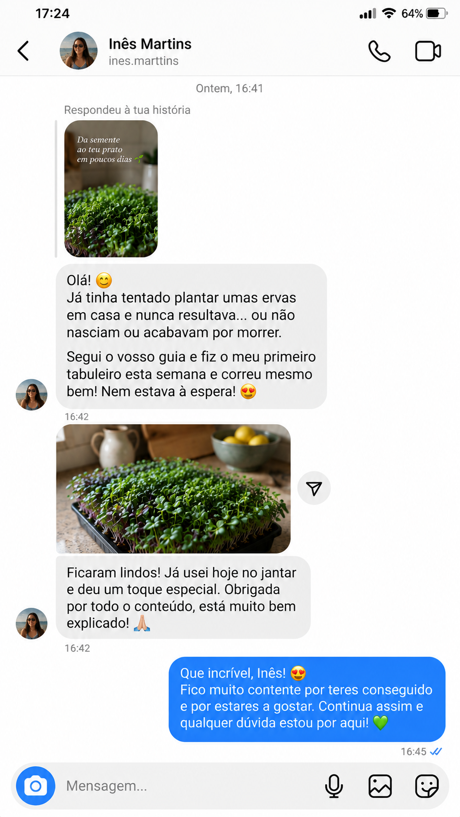 Feedback de Inês Martins no Instagram sobre o primeiro cultivo de microvegetais