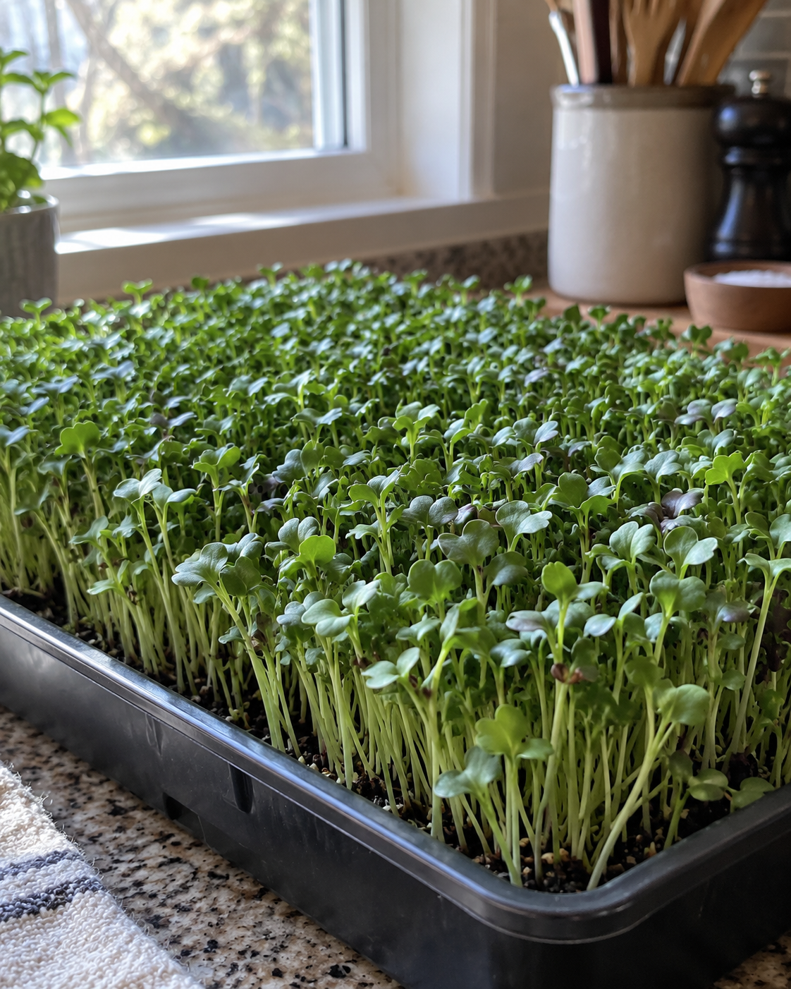 Tabuleiro cheio de microvegetais de rabanete